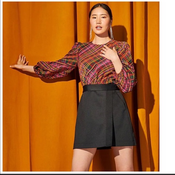 LDT Dresses & Skirts - NWT LDT Ivonne Plaid Crew Neck 3/4 Puff Sleeve Dress